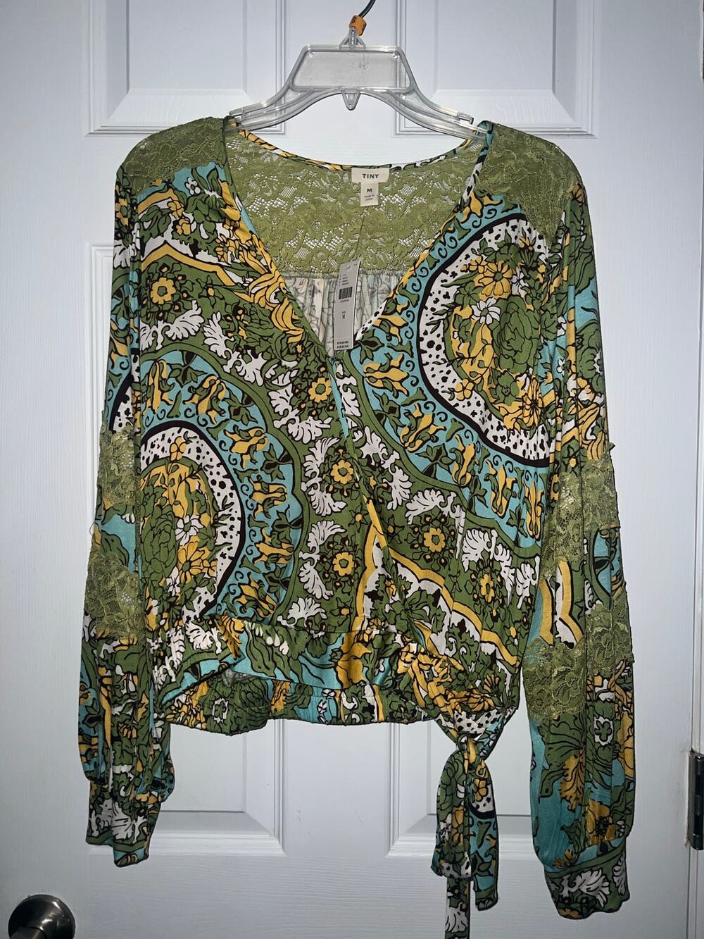 Anthropologie Tiny Green Yellow Floral Long Sleeve Wrap Blouse w/ Lace Sz M NWT